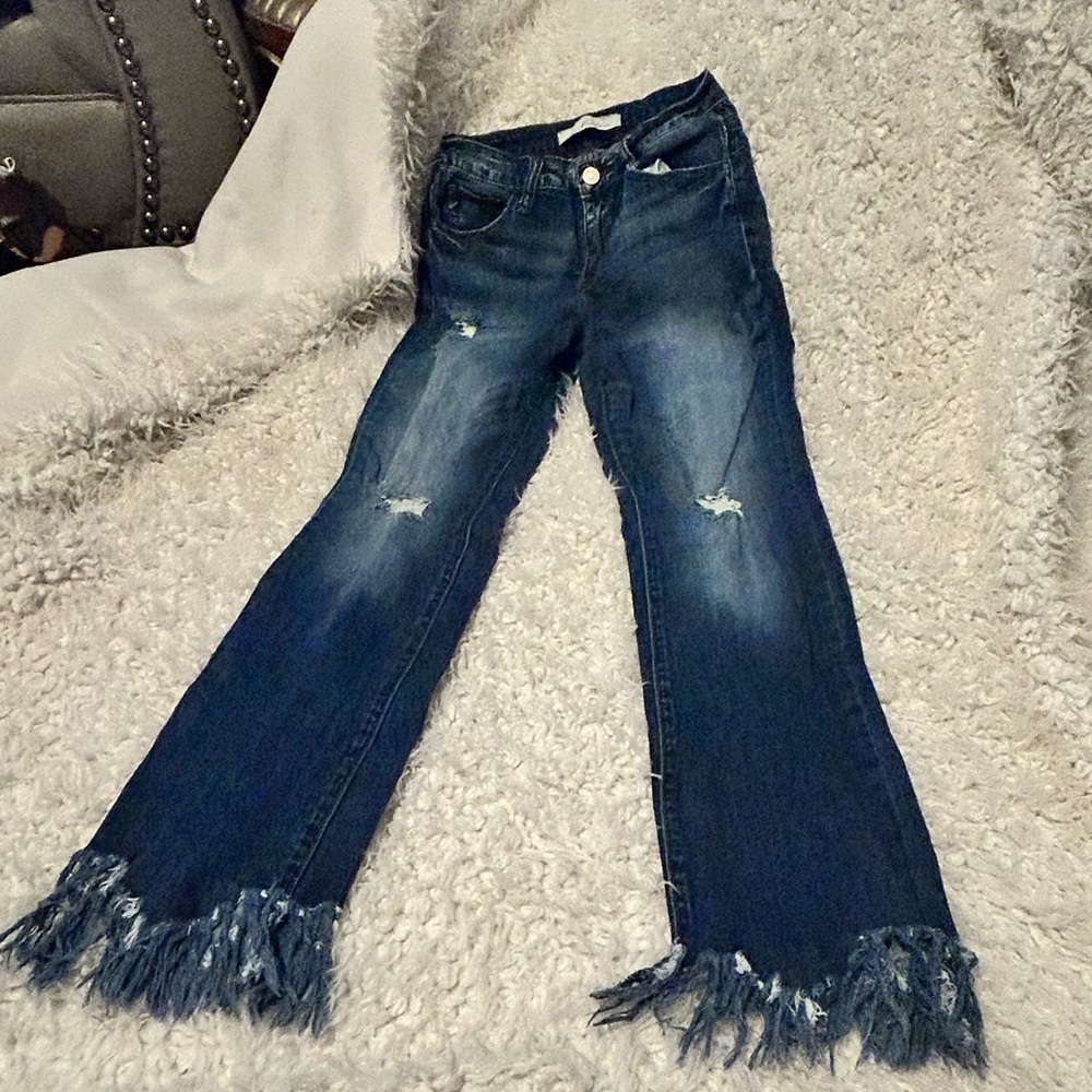 50%offw❤️Kansan Mid Rise Fringe Hem Ankle Skinny Jeans 0/23 Blue Denim BUCKLE